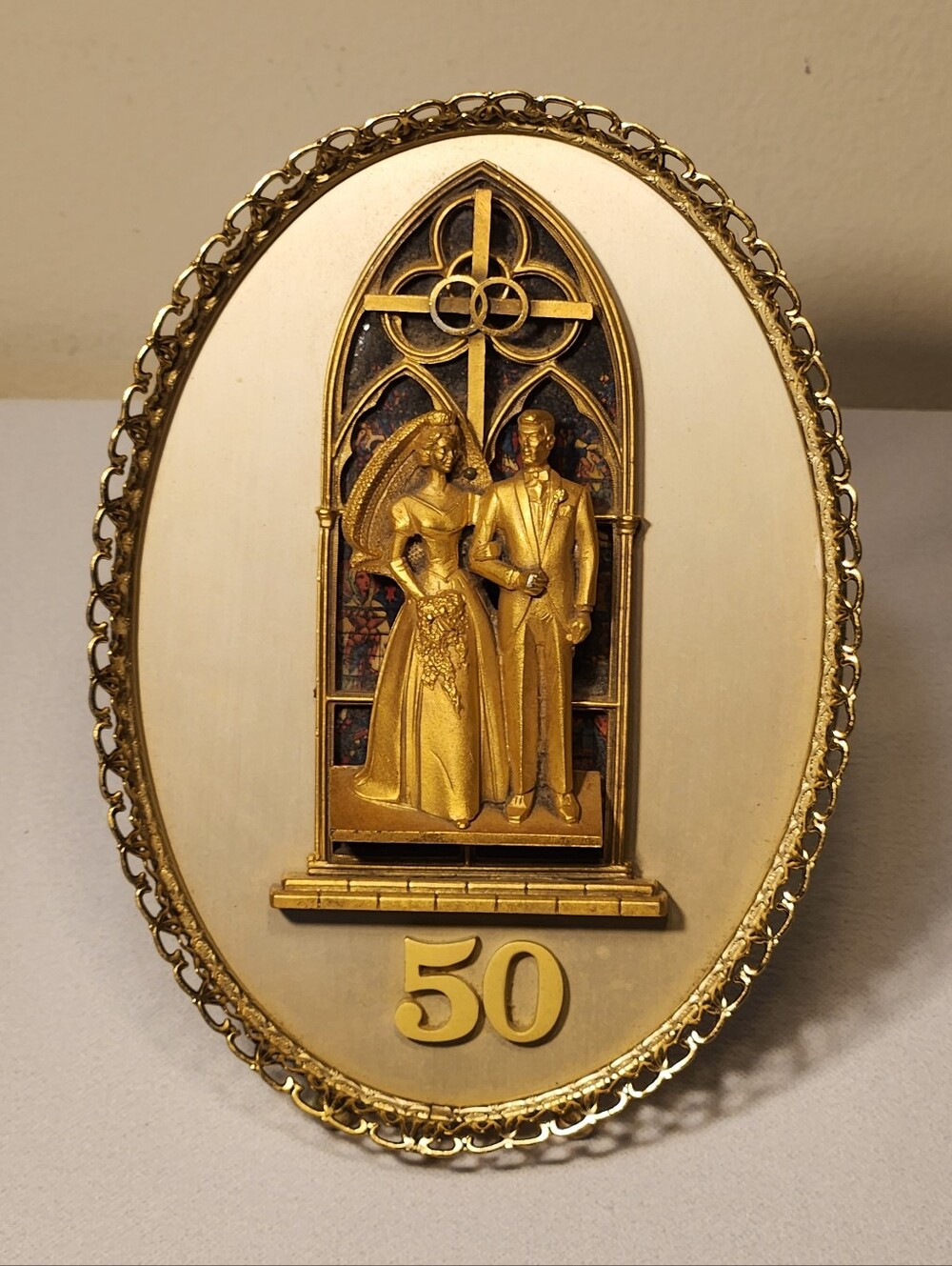 tg Mid-Century Creed Gold-Tone 3D Gothic 50th Wedding Anniversary Plaque
